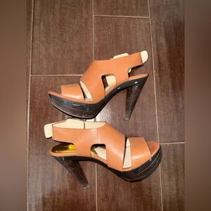 Women's Tan Leather High Heel Platform Sandals